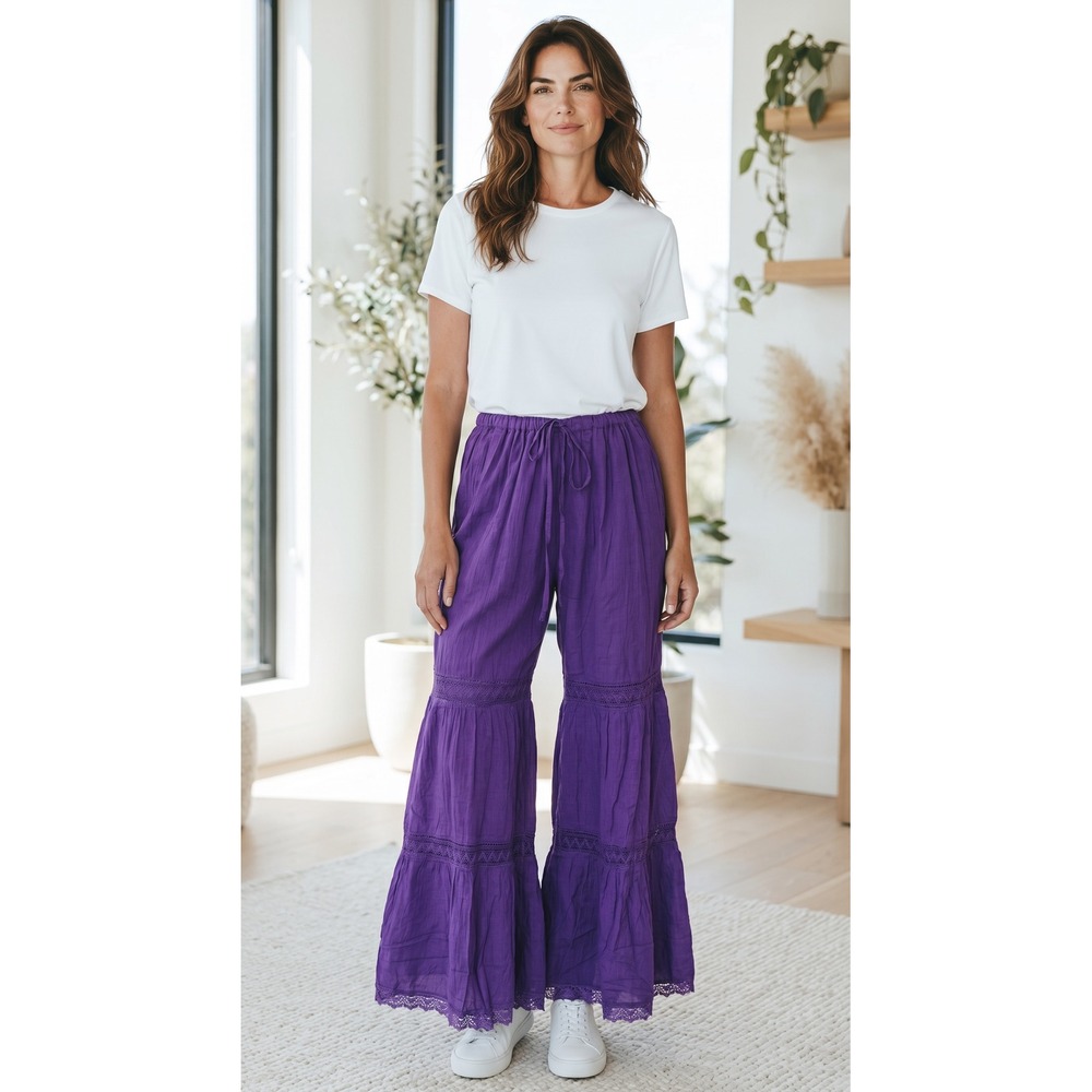 Advance‎ Apparels Purple Wide Leg Boho Tiered Crochet Lace Pants Free Size NWT
